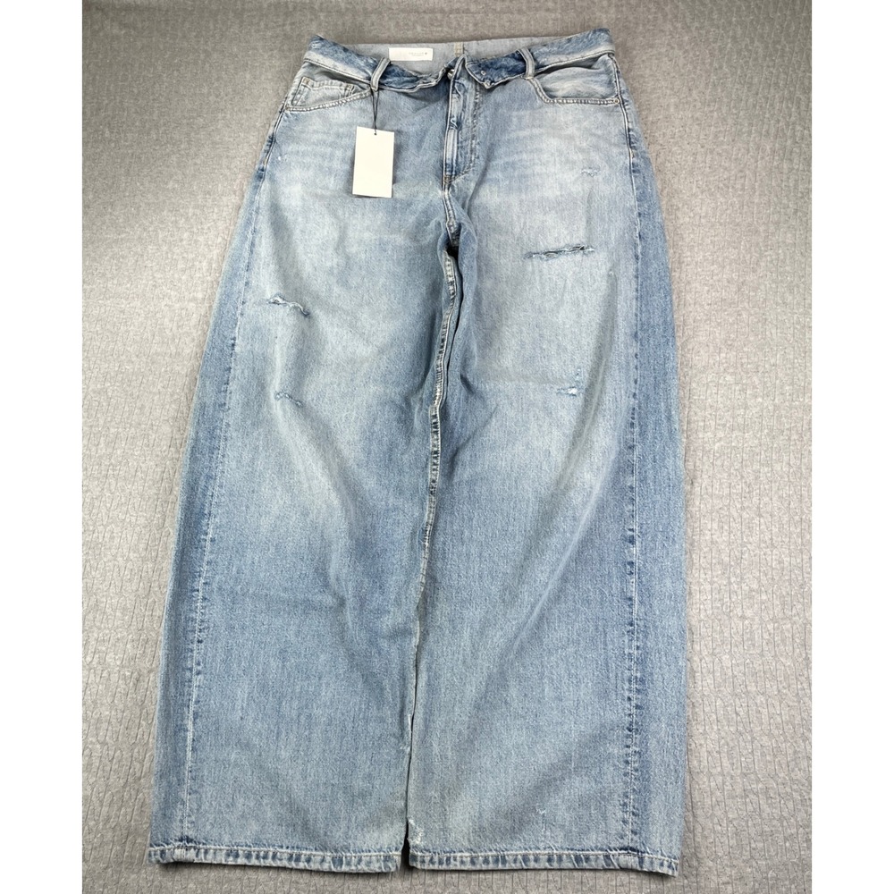 New Zara Baggy Wide Leg Jeans Women 14 Light Blue Distressed High Waist